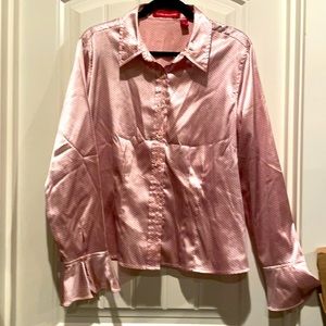 Gloria Vanderbilt Sz XL pink polka dot button up blouse, bell sleeve.